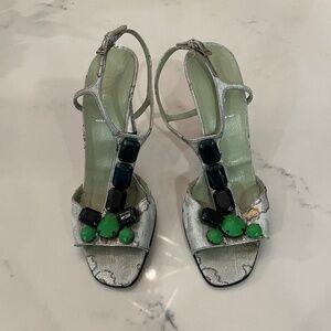 Prada Jewel Encrusted High Heel T-Strap Sandals, size 38 1/2